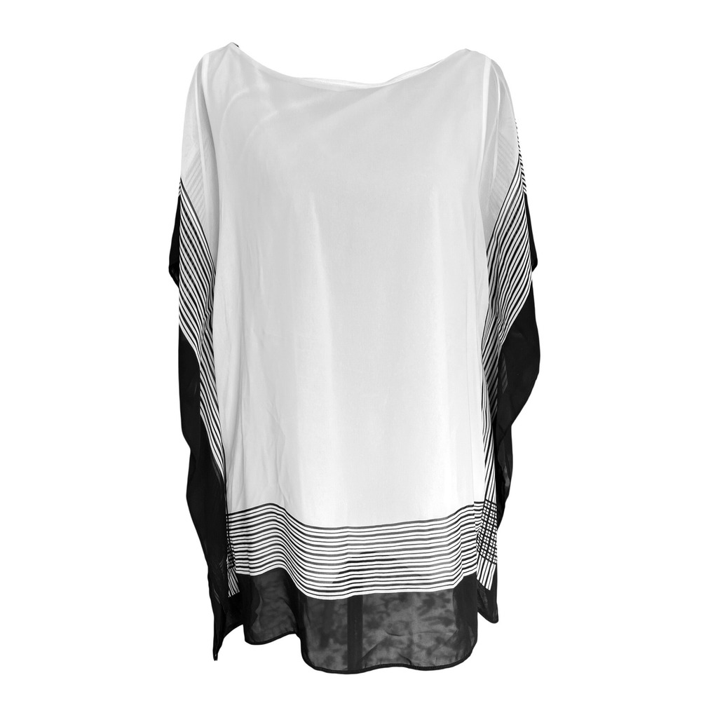 Ann Taylor Womens Large White Black Striped Chiffon Kaftan Kimono Blouse Lined